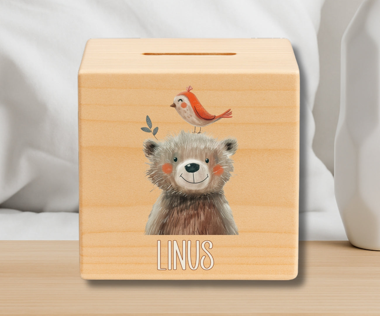 Holz Spardose Kinder personalisiert – Beige Tiermotive mit Namen