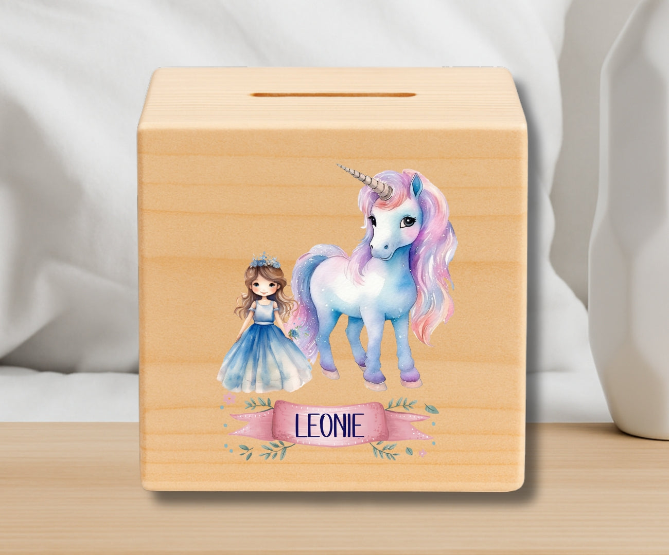 Holz Spardose Kinder personalisiert – Einhorn Motiv mit Namen