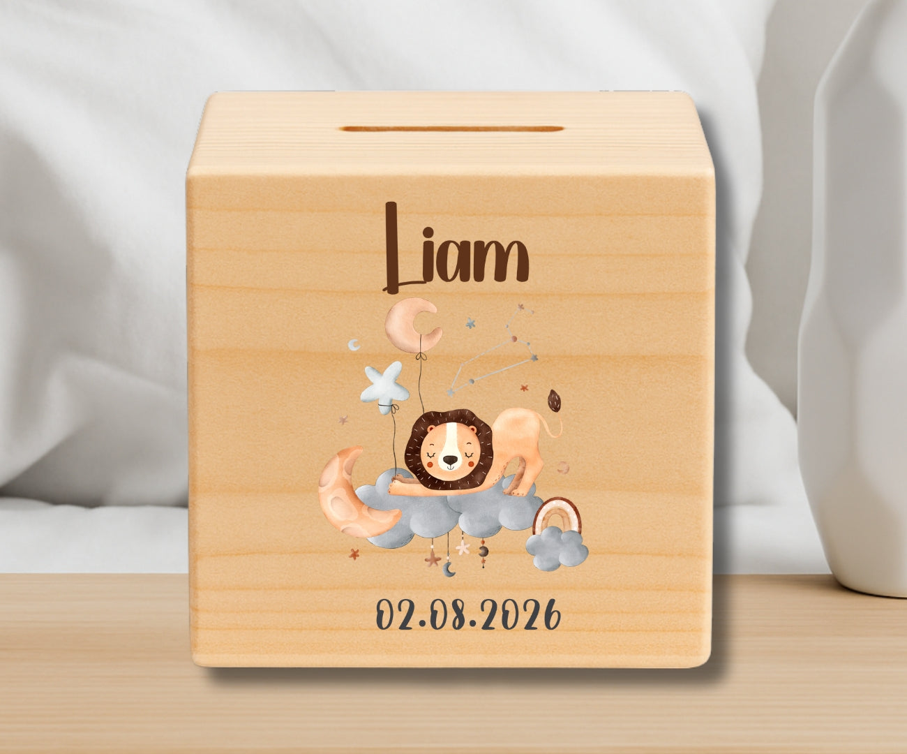 Holz Spardose Kinder personalisiert Sternzeichen mit Namen und Geburtsdatum