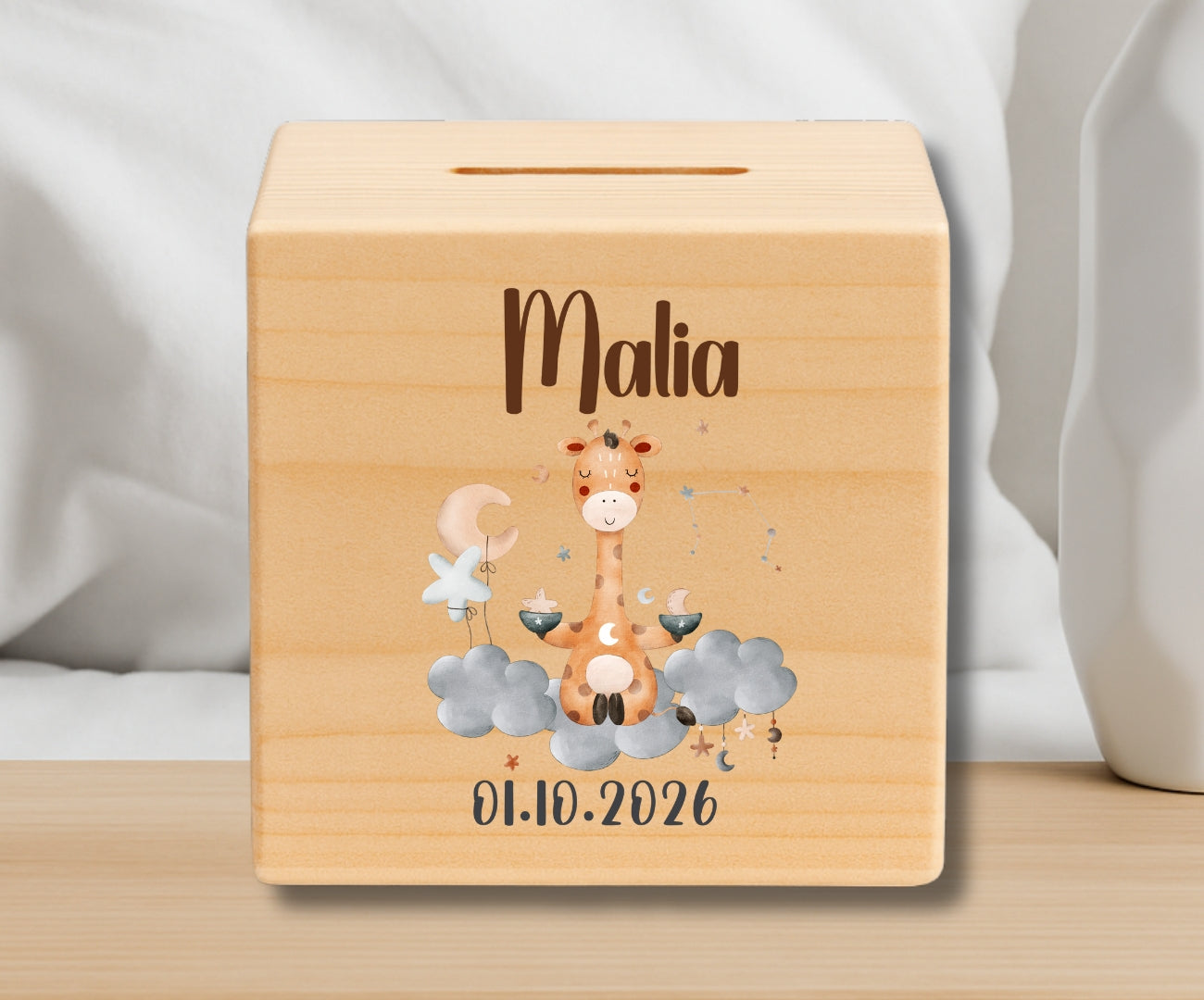 Holz Spardose Kinder personalisiert Sternzeichen mit Namen und Geburtsdatum