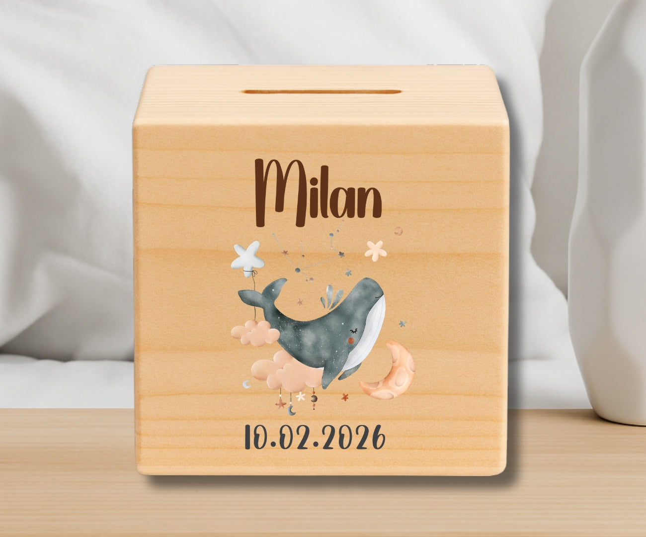 Holz Spardose Kinder personalisiert Sternzeichen mit Namen und Geburtsdatum