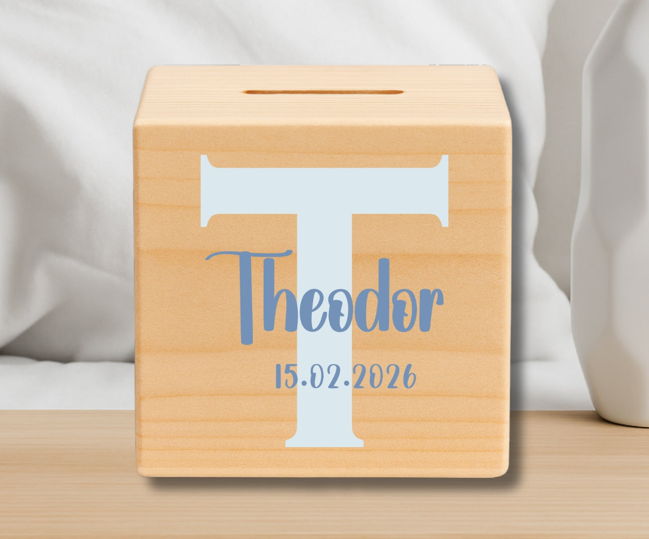 Holz Spardose Kinder personalisiert mit Namen und Geburtsdatum Geschenk zur Geburt und Taufe