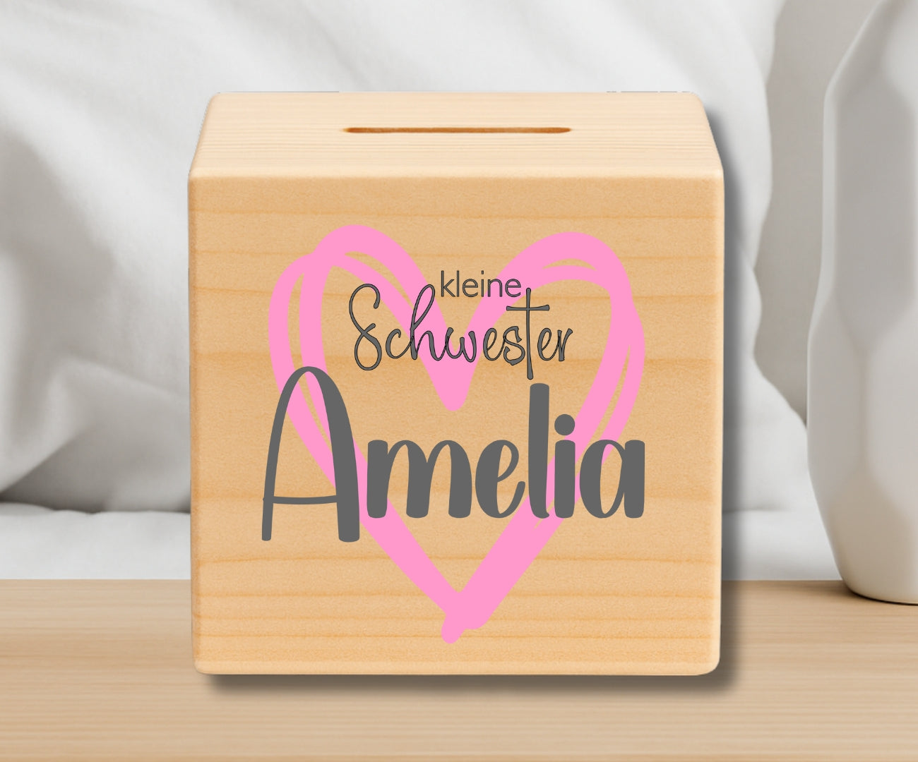 Holz Spardose Kinder personalisiert Geschwister Motiv mit Namen grosse Schwester kleiner Bruder