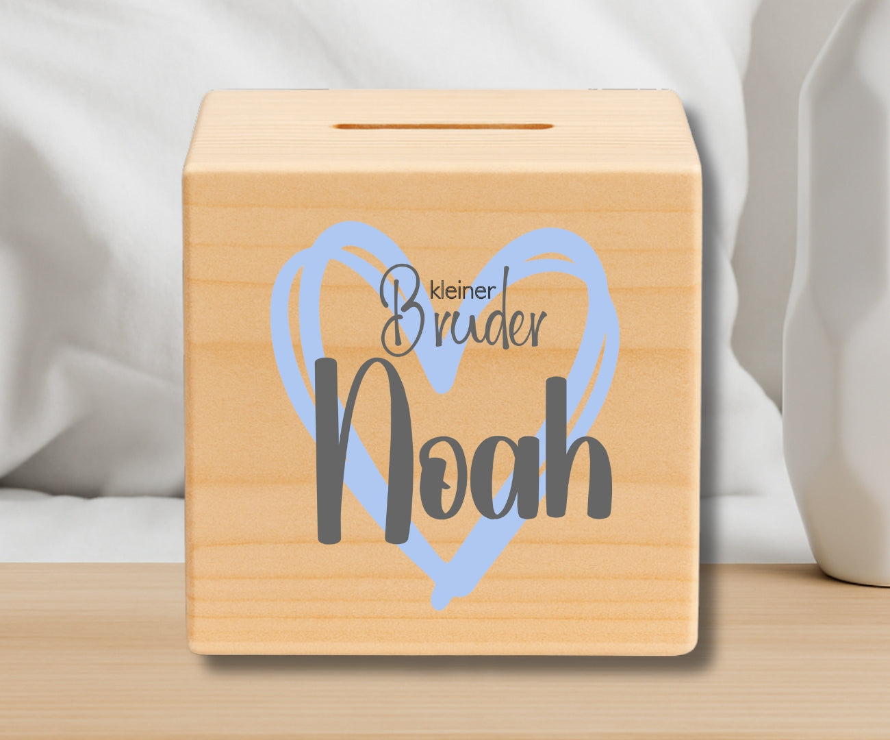 Holz Spardose Kinder personalisiert Geschwister Motiv mit Namen grosse Schwester kleiner Bruder