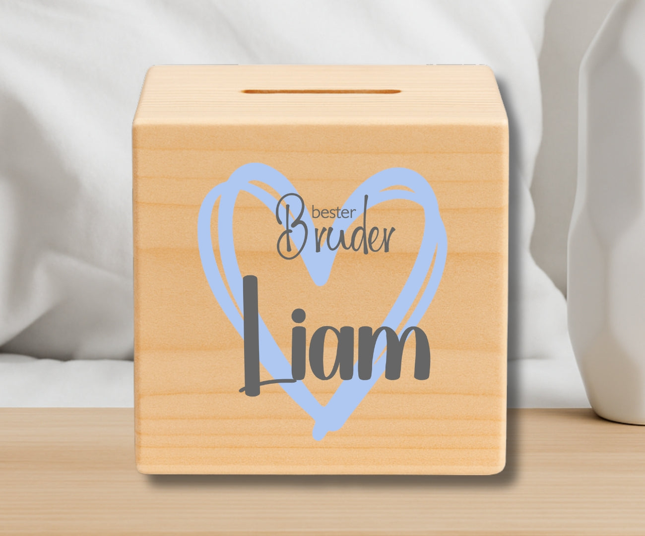 Holz Spardose Kinder personalisiert Geschwister Motiv mit Namen grosse Schwester kleiner Bruder