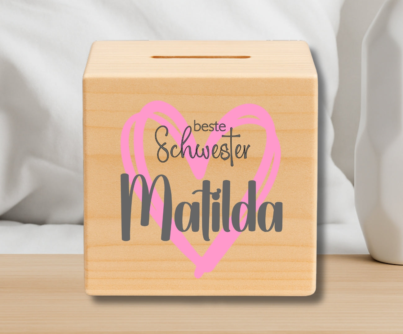 Holz Spardose Kinder personalisiert Geschwister Motiv mit Namen grosse Schwester kleiner Bruder
