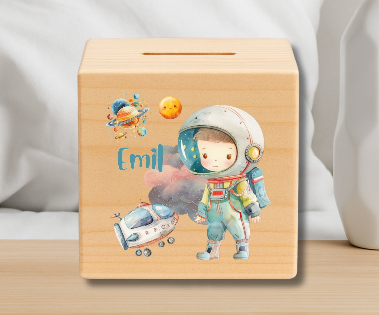 Holz Spardose Kinder personalisiert – Weltall Motiv mit Namen – Rakete, Astronaut, Planeten