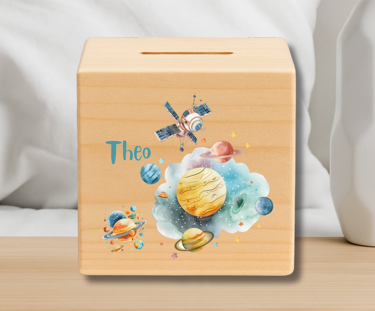 Holz Spardose Kinder personalisiert – Weltall Motiv mit Namen – Rakete, Astronaut, Planeten
