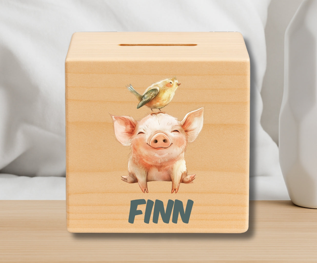Holz Spardose Kinder personalisiert – Bunte Tiermotive mit Namen