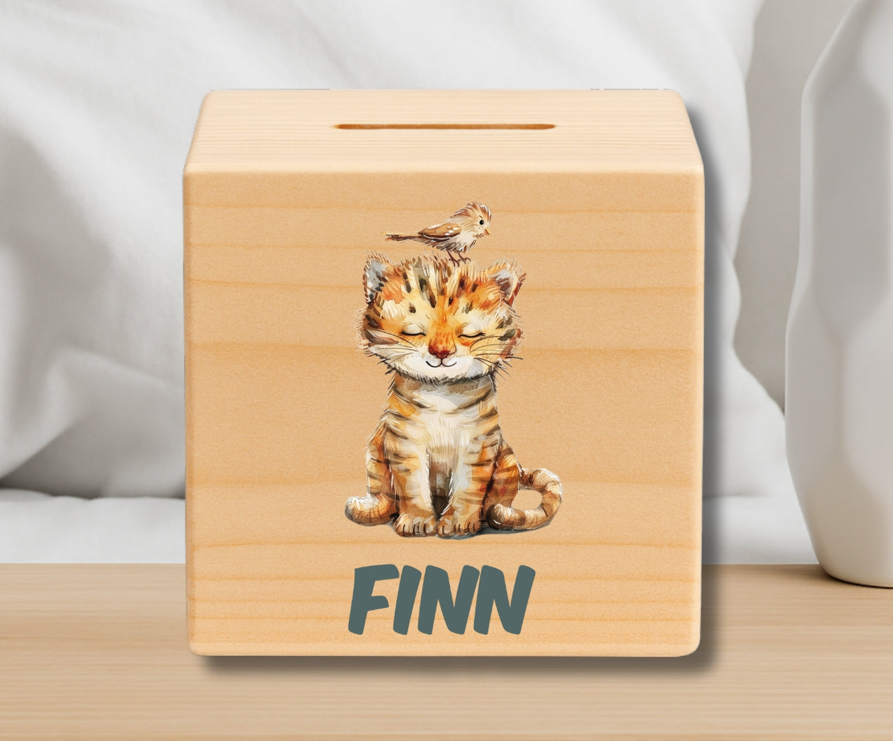 Holz Spardose Kinder personalisiert – Bunte Tiermotive mit Namen