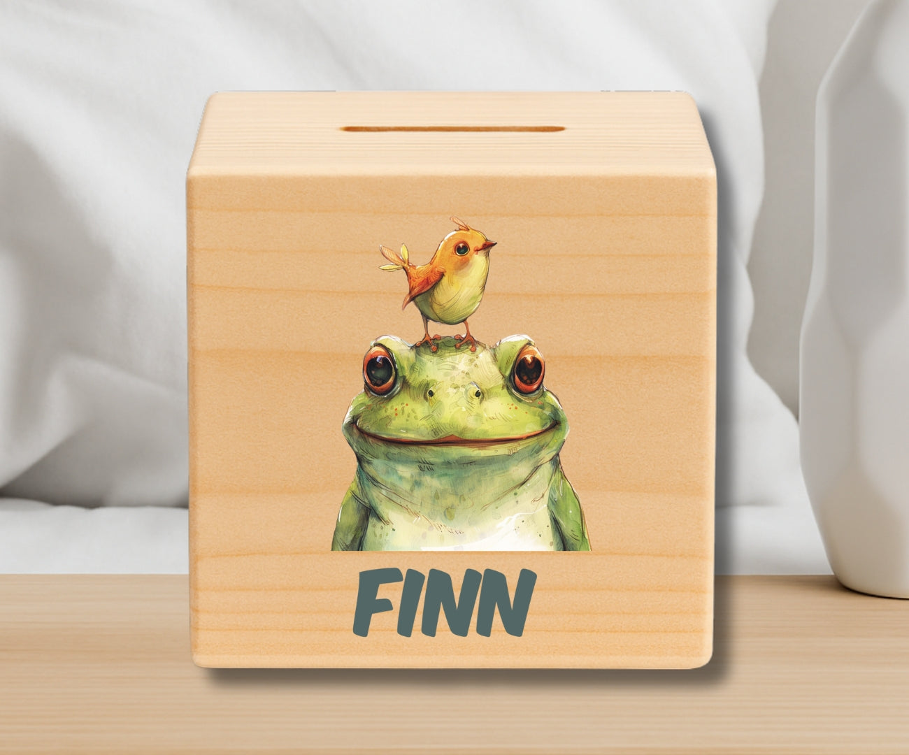 Holz Spardose Kinder personalisiert – Bunte Tiermotive mit Namen