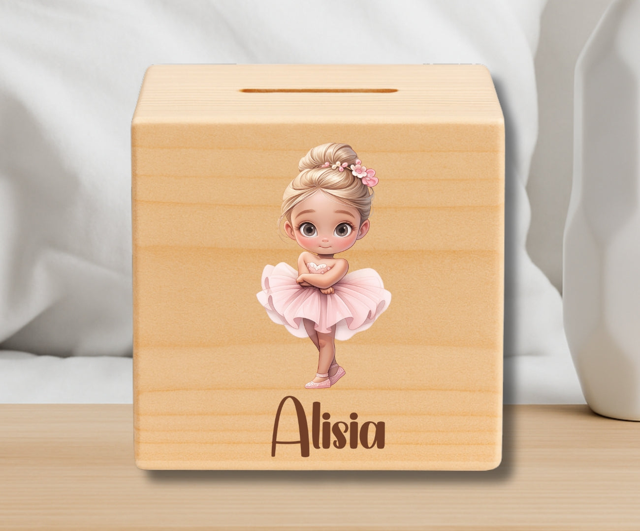 Holz Spardose Kinder personalisiert – Ballerina Motiv mit Namen