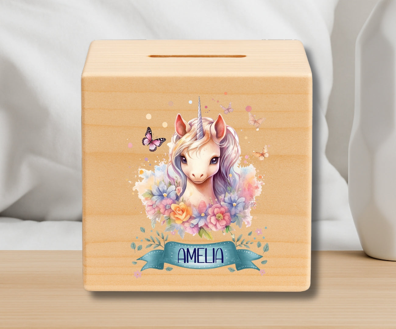 Holz Spardose Kinder personalisiert – Einhorn Motiv mit Namen
