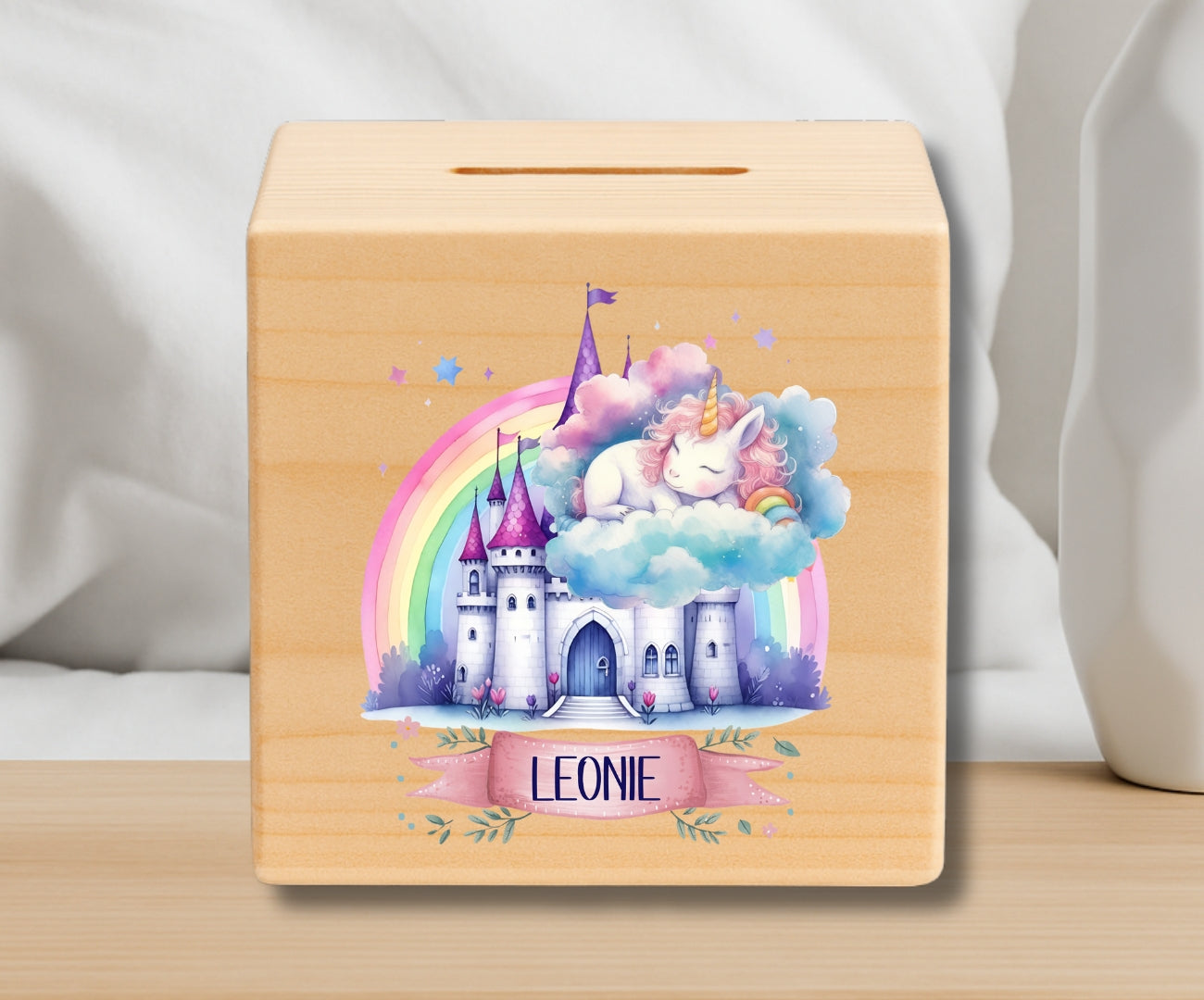 Holz Spardose Kinder personalisiert – Einhorn Motiv mit Namen