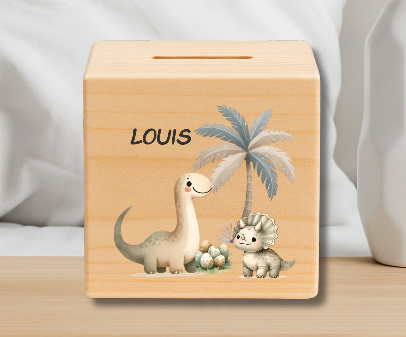 Holz Spardose Kinder personalisiert – Dino Motiv mit Namen – Geschenk Jungen & Mädchen