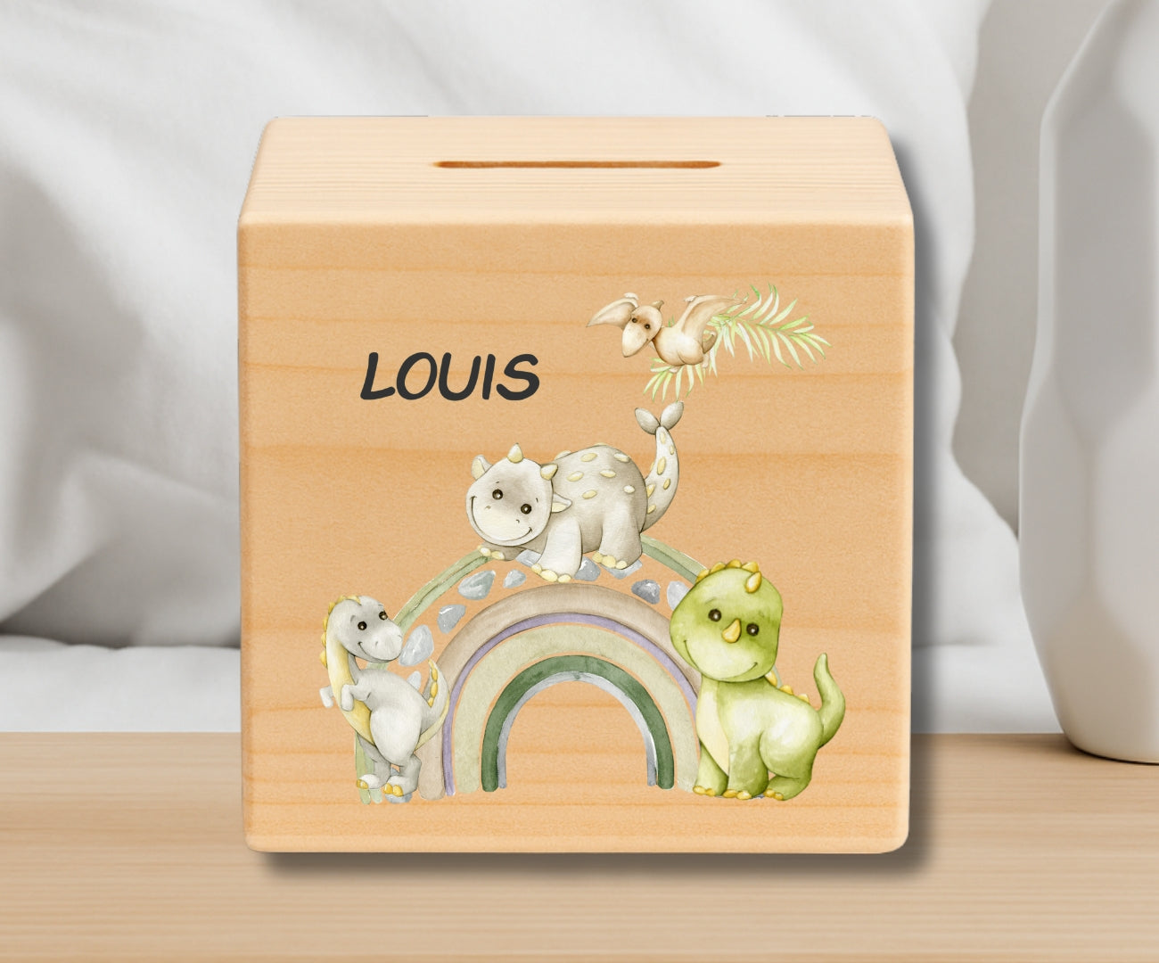 Holz Spardose Kinder personalisiert – Dino Motiv mit Namen – Geschenk Jungen & Mädchen