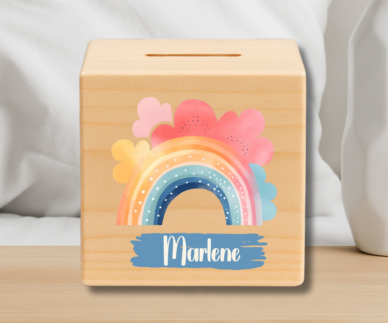 Holz Spardose Kinder personalisiert – Regenbogen Motiv mit Namen – Geschenk Jungen & Mädchen