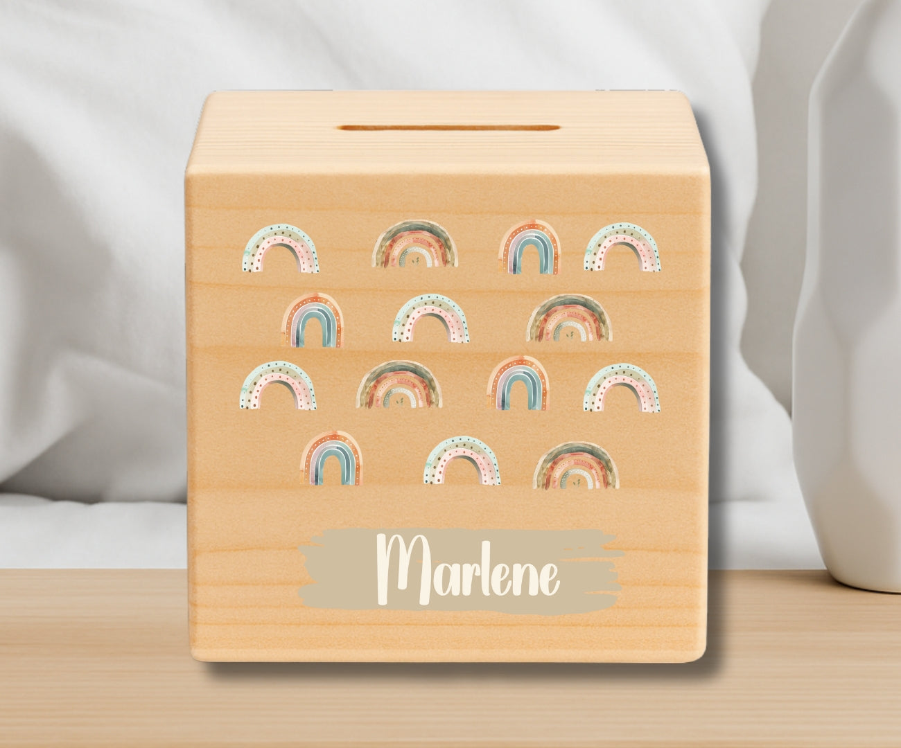 Holz Spardose Kinder personalisiert – Regenbogen Motiv mit Namen – Geschenk Jungen & Mädchen