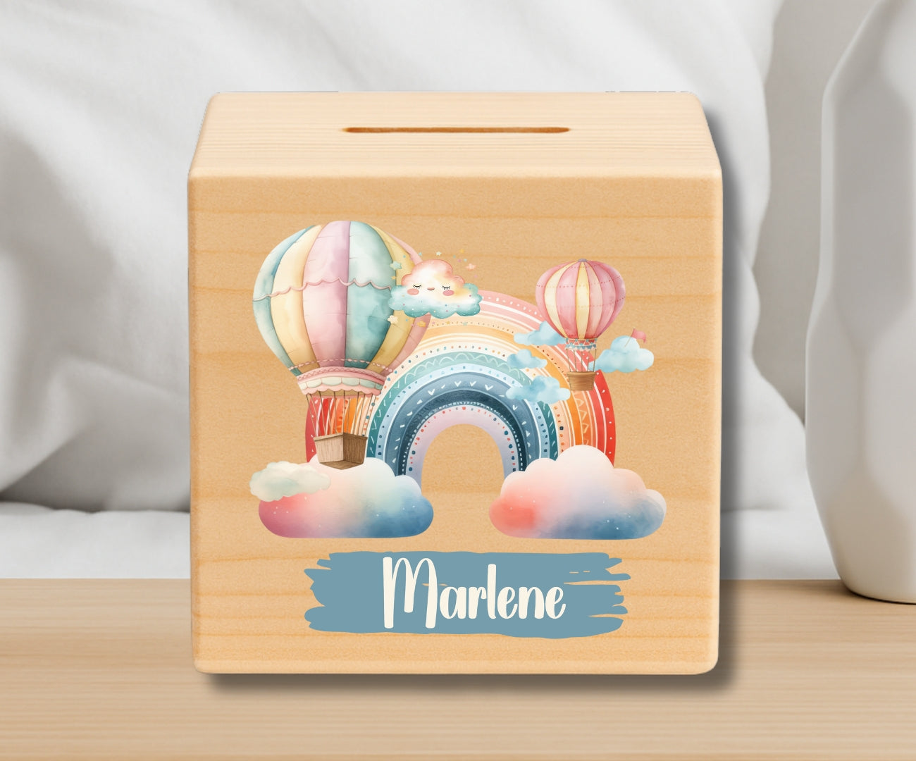 Holz Spardose Kinder personalisiert – Regenbogen Motiv mit Namen – Geschenk Jungen & Mädchen
