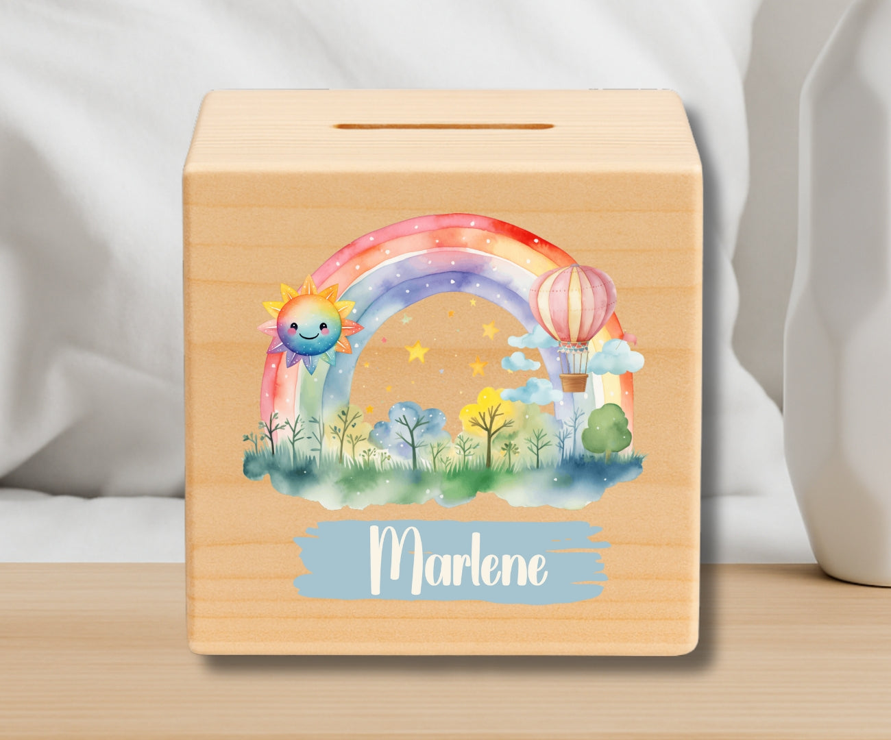 Holz Spardose Kinder personalisiert – Regenbogen Motiv mit Namen – Geschenk Jungen & Mädchen