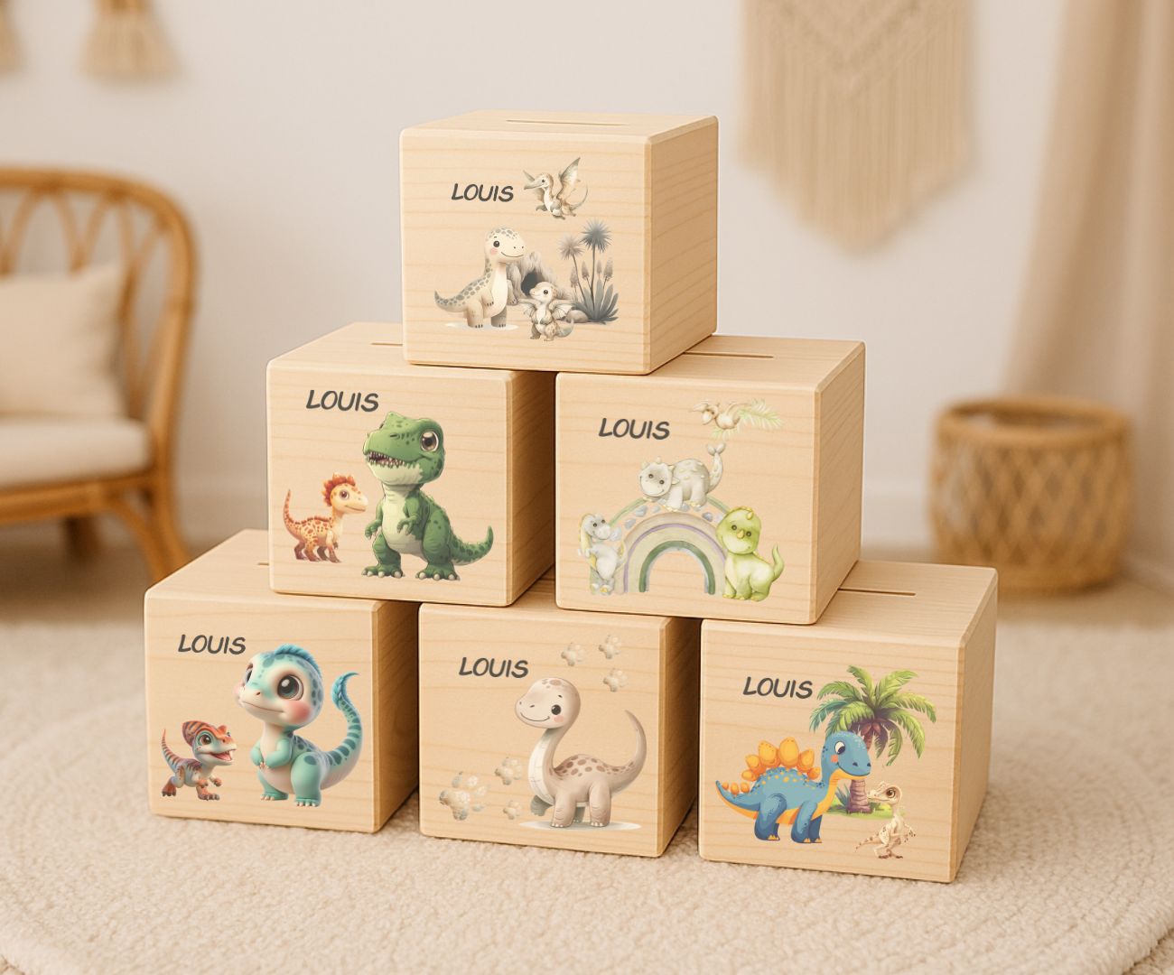 Holz Spardose Kinder personalisiert – Dino Motiv mit Namen – Geschenk Jungen & Mädchen