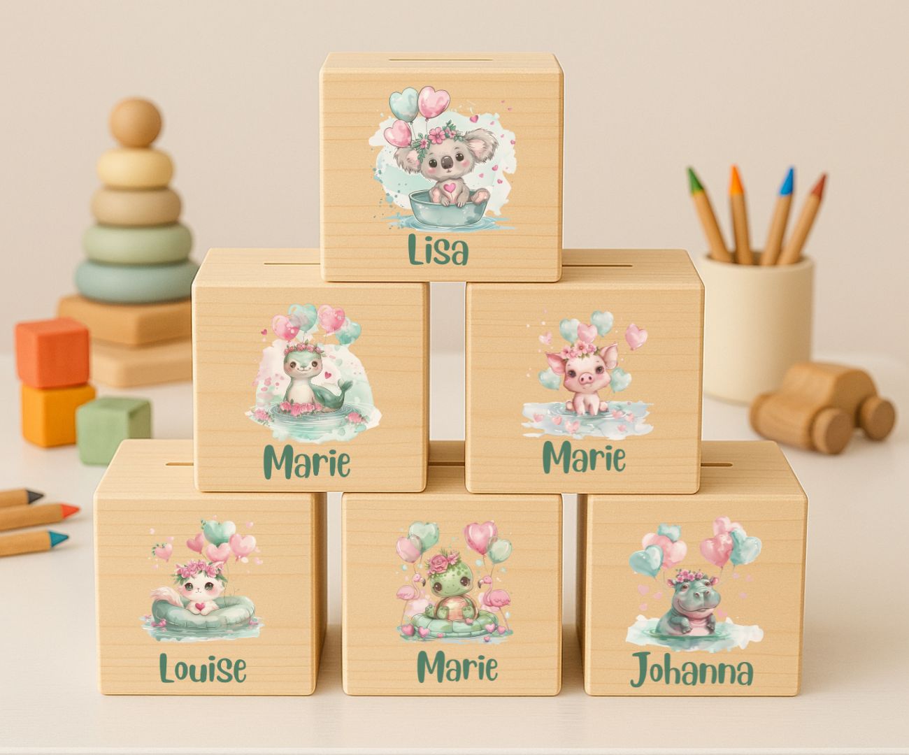 Holz Spardose Kinder personalisiert – Süße Tiermotive mit Namen – Geschenk Jungen & Mädchen