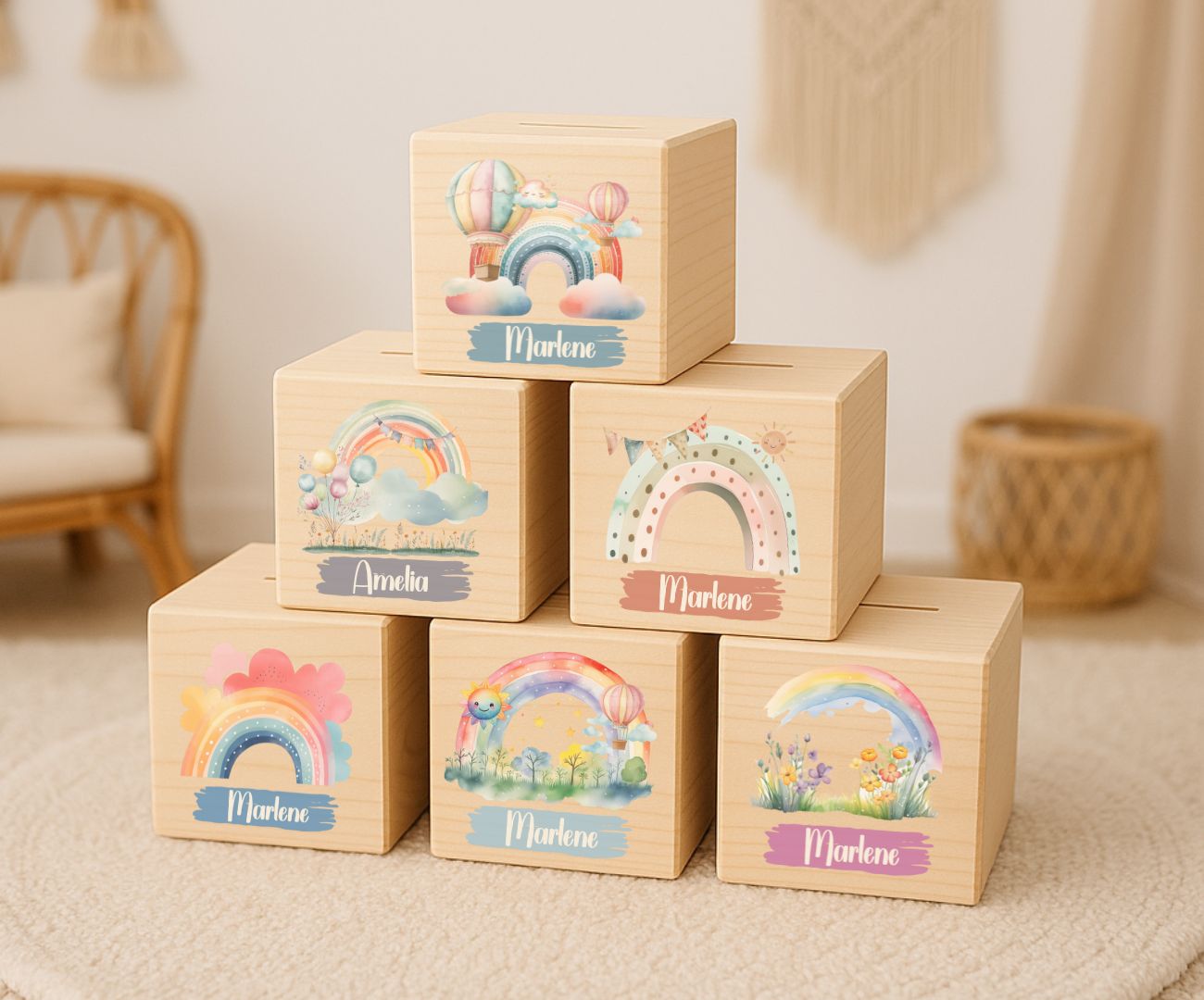 Holz Spardose Kinder personalisiert – Regenbogen Motiv mit Namen – Geschenk Jungen & Mädchen
