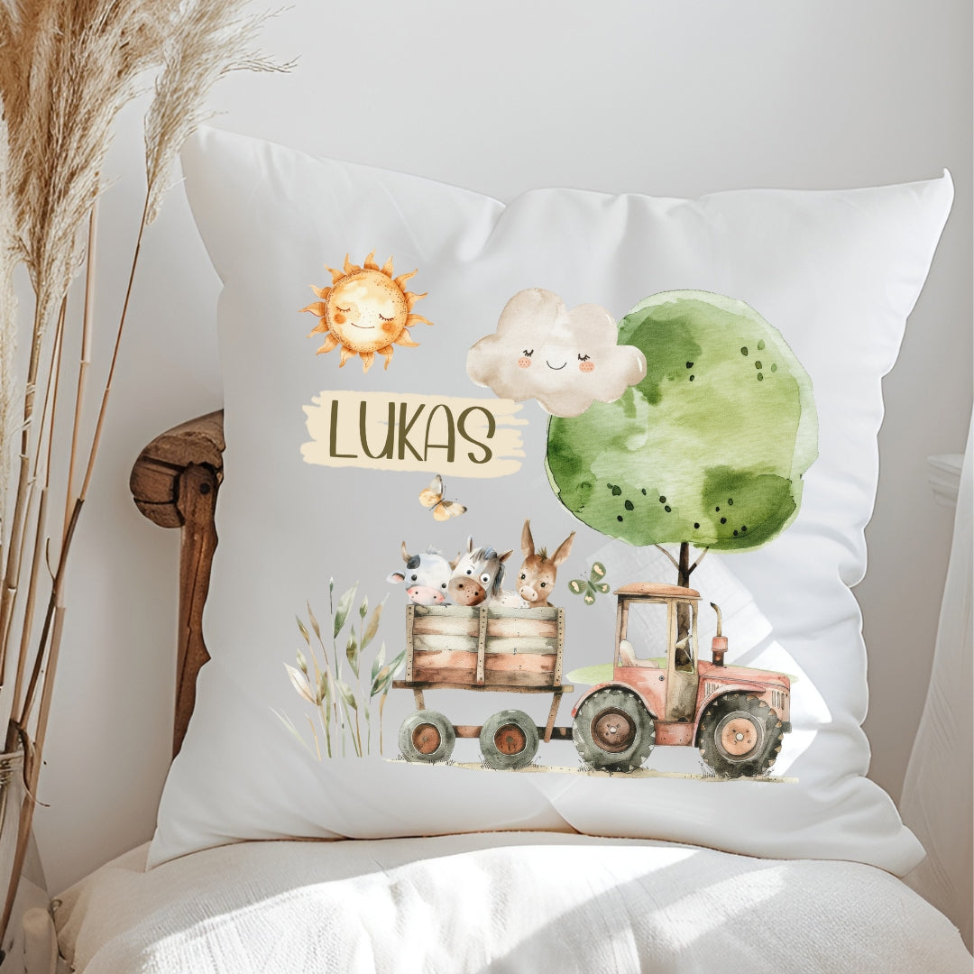 Personalisiertes Bauernhof-Kissen mit Namen – Traktor, Dorf, Pferd