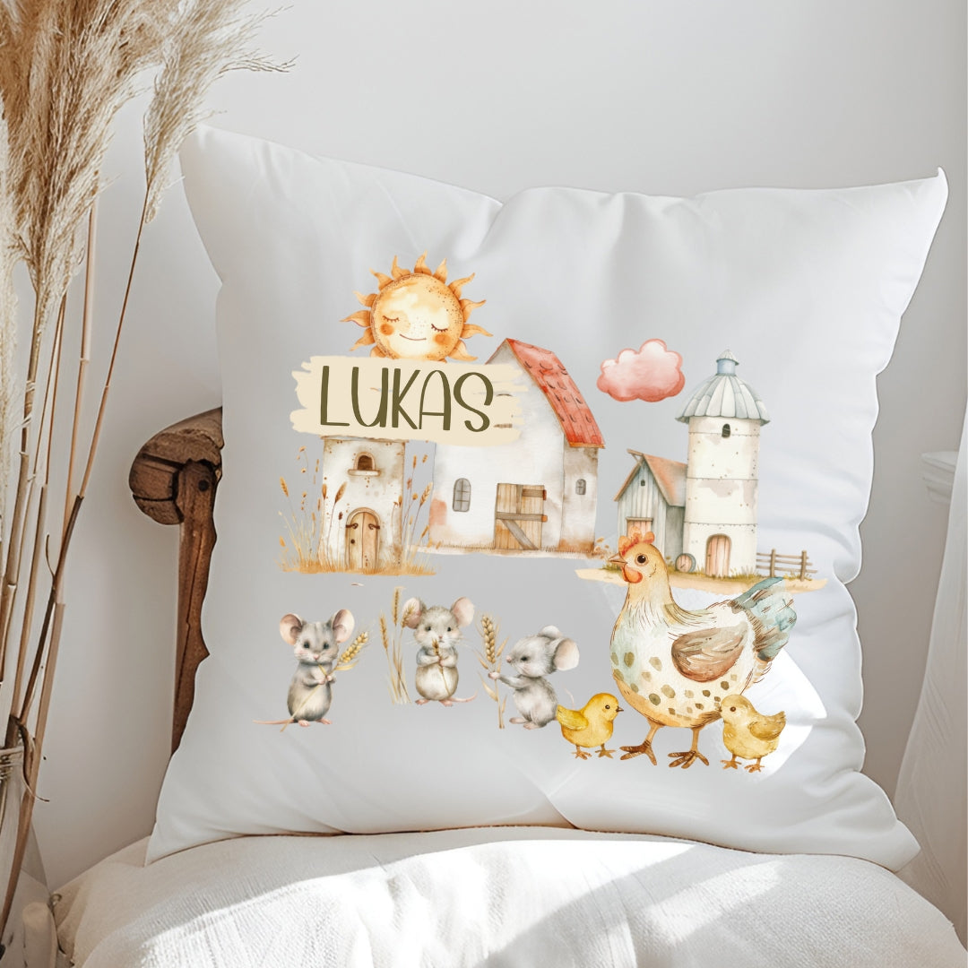 Personalisiertes Bauernhof-Kissen mit Namen – Traktor, Dorf, Pferd