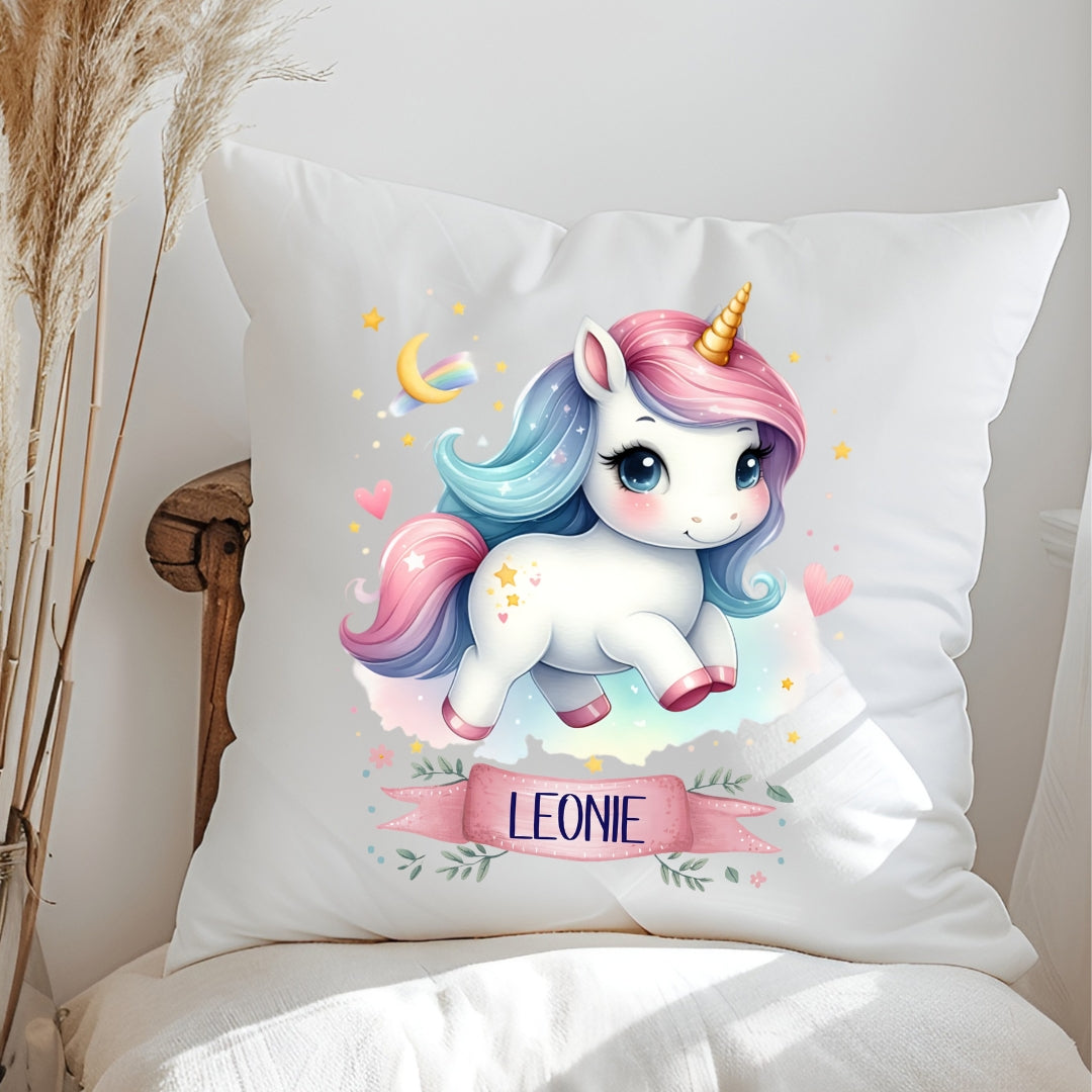 Einhorn Kissen mit Namen – personalisiertes Kuschelkissen