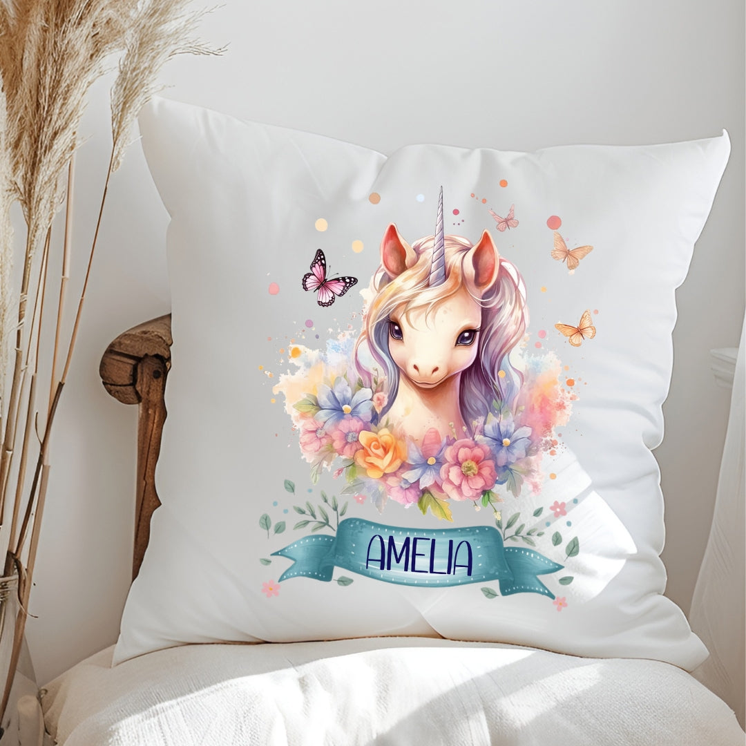 Einhorn Kissen mit Namen – personalisiertes Kuschelkissen