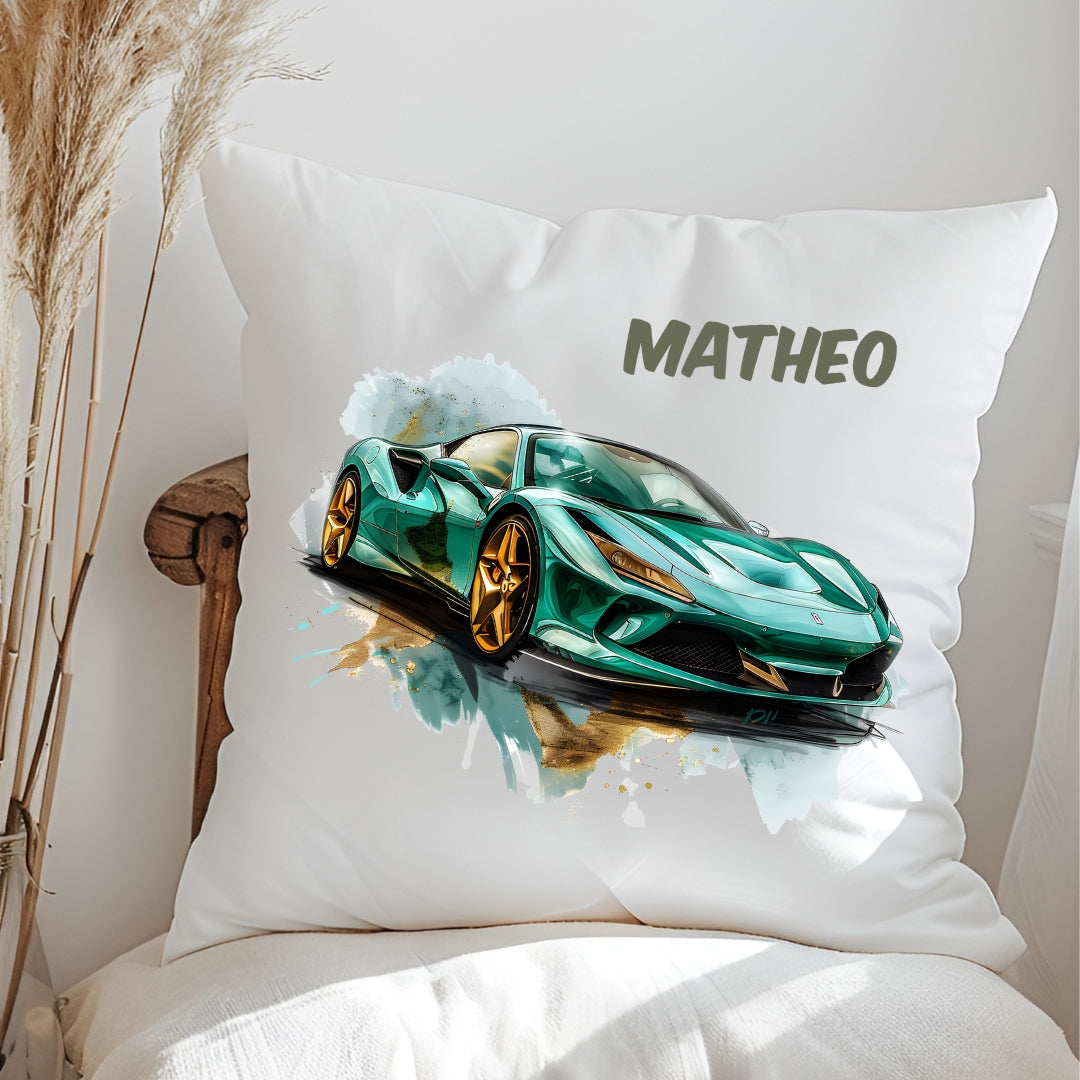 Personalisiertes Kissen mit Rennwagen & Autos – mit Namen,  flauschig weich