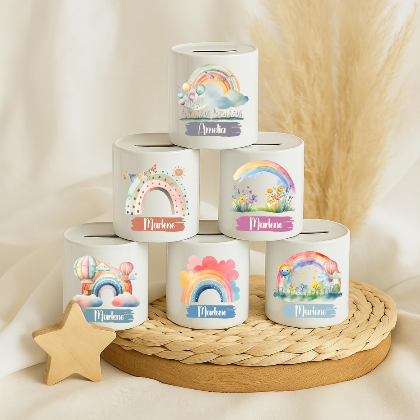Spardose mit Regenbogen-Motiv – Keramik – personalisiert mit Namen – Geschenk zur Taufe oder Geburt für Mädchen und Jungen