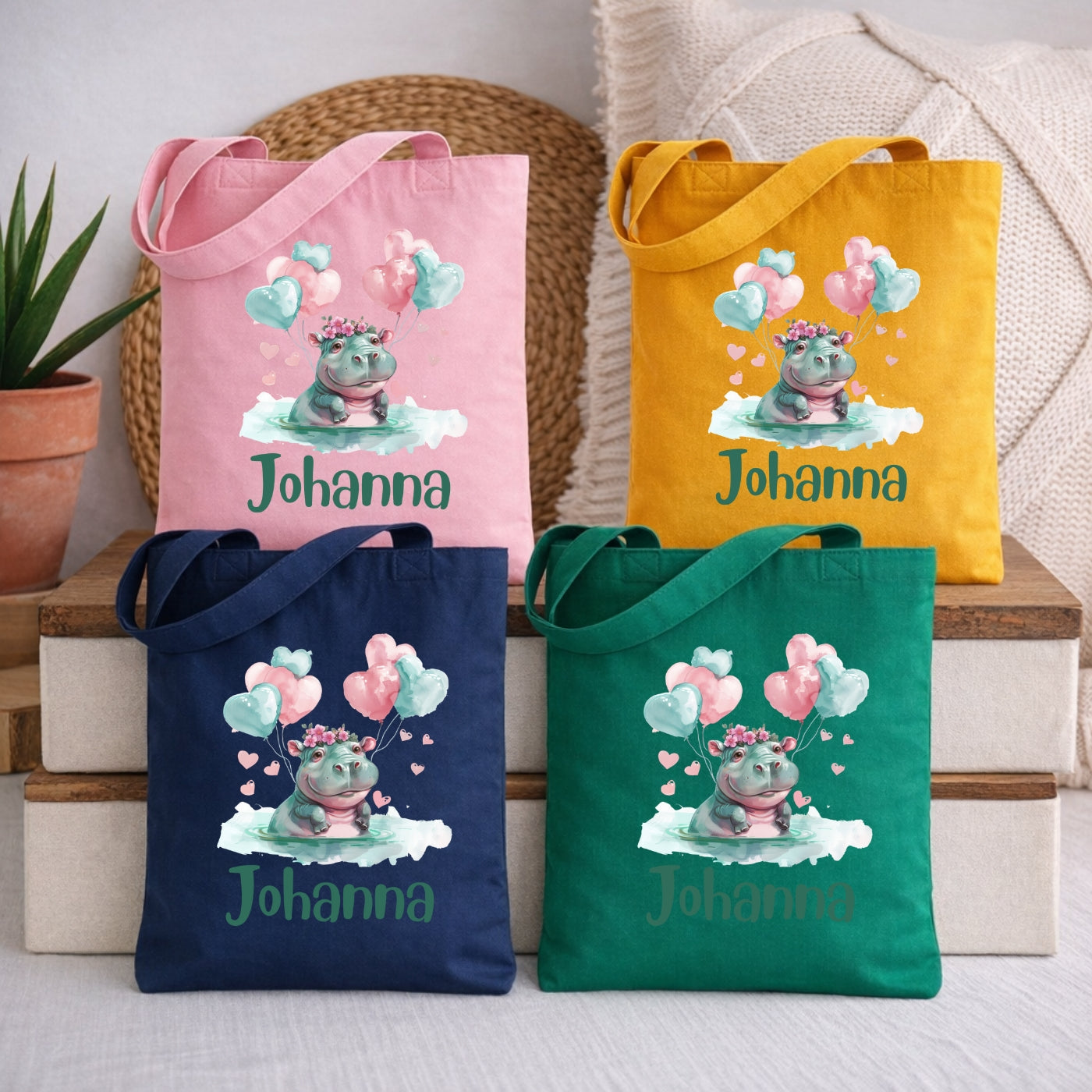 Lustige Tierfreunde Kindertasche – Stoffbeutel mit Namen und Luftballon Motiven