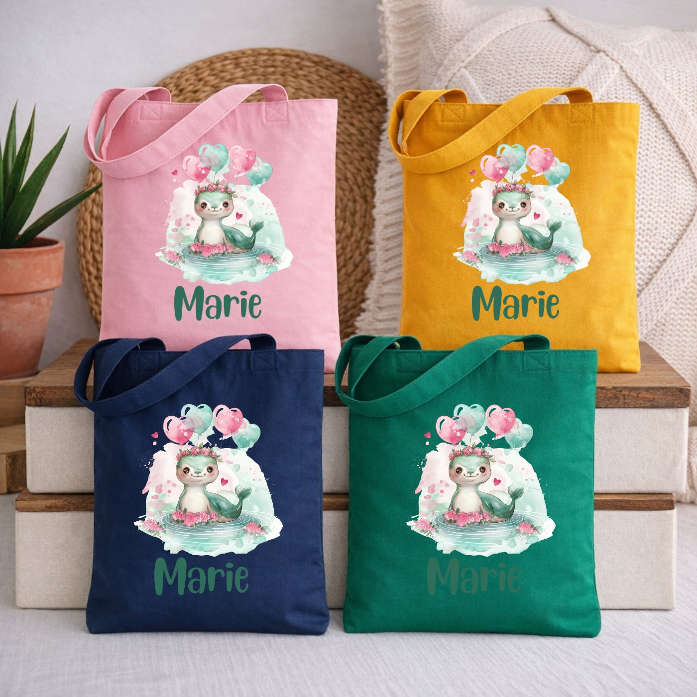 Lustige Tierfreunde Kindertasche – Stoffbeutel mit Namen und Luftballon Motiven