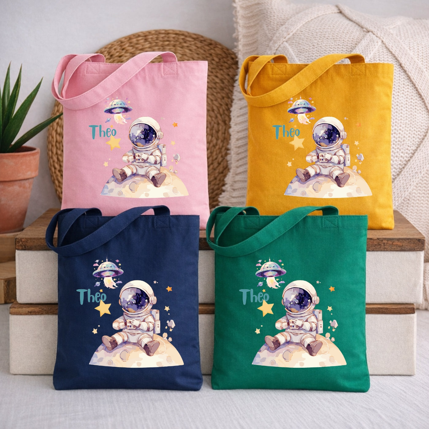 Weltall Kindertasche mit Namen – Stoffbeutel mit Rakete und Planeten