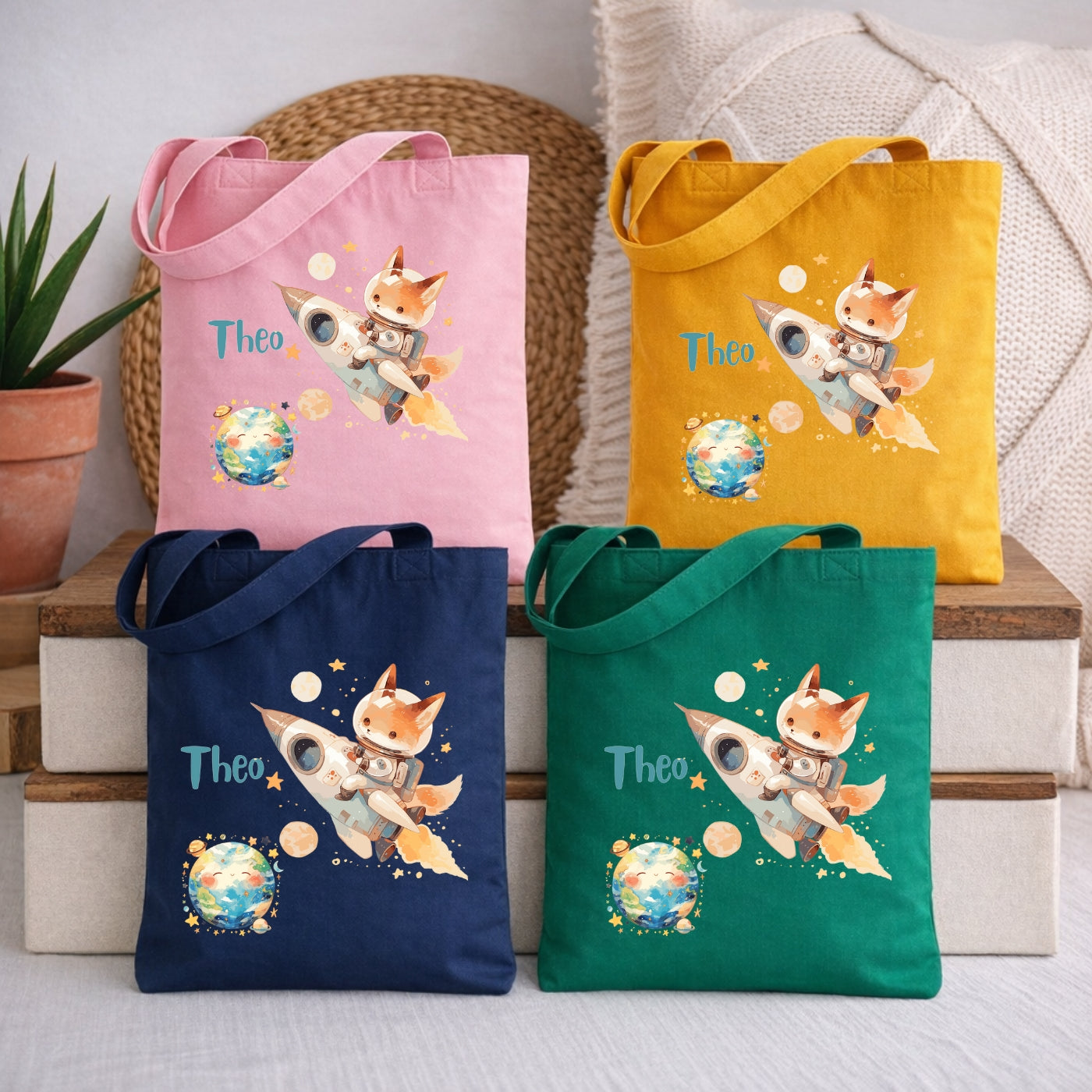 Weltall Kindertasche mit Namen – Stoffbeutel mit Rakete und Planeten