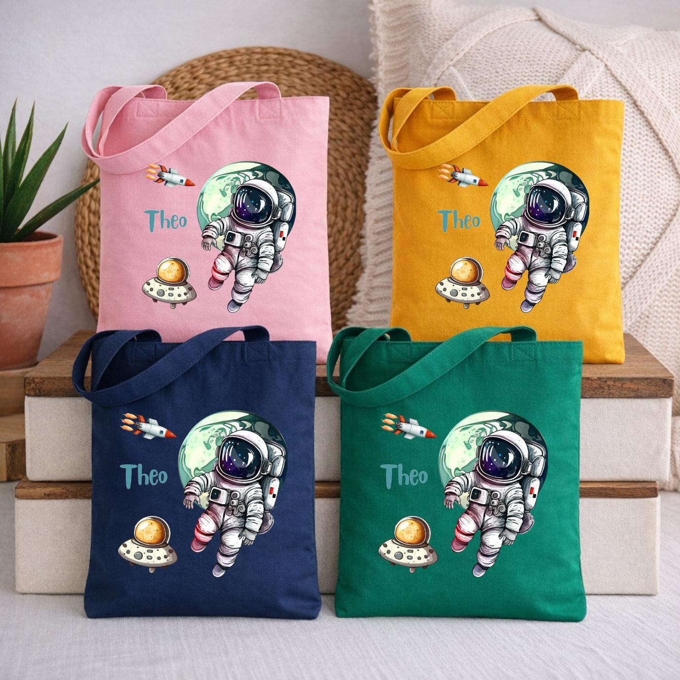 Weltall Kindertasche mit Namen – Stoffbeutel mit Rakete und Planeten