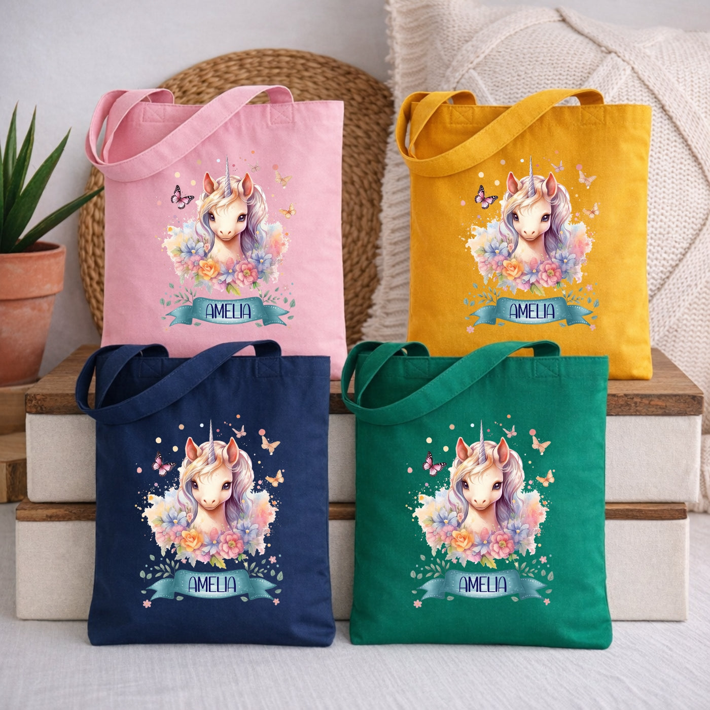 Zauberhafte Einhorn Kindertasche – Stoffbeutel mit Namen personalisiert