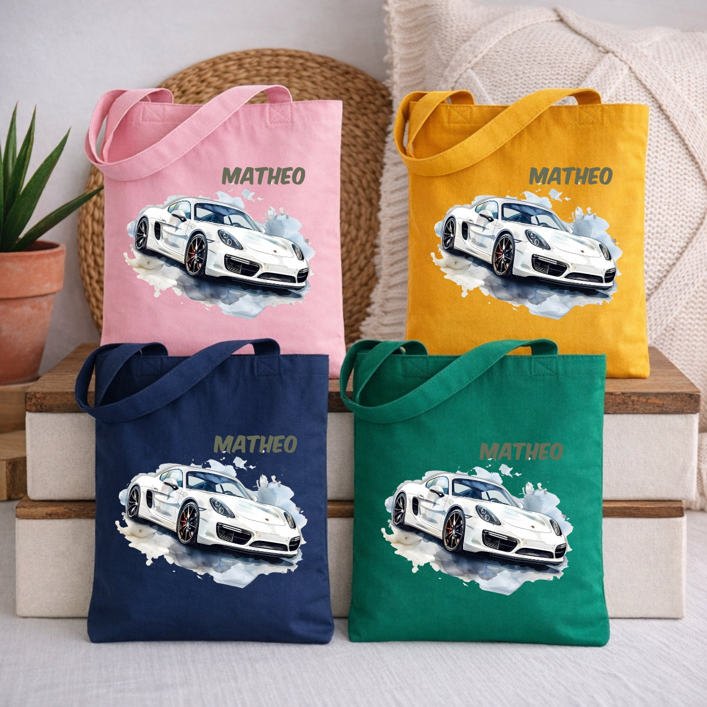 Personalisierte Kindertasche mit Auto Motiven – Stofftasche für Kindergarten & Kita