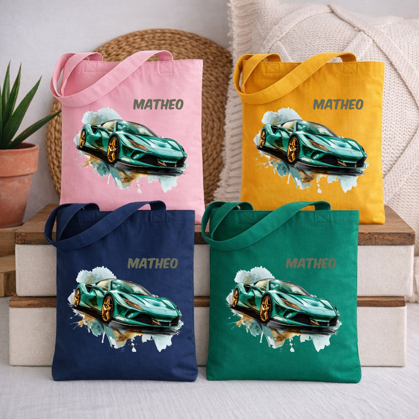 Personalisierte Kindertasche mit Auto Motiven – Stofftasche für Kindergarten & Kita