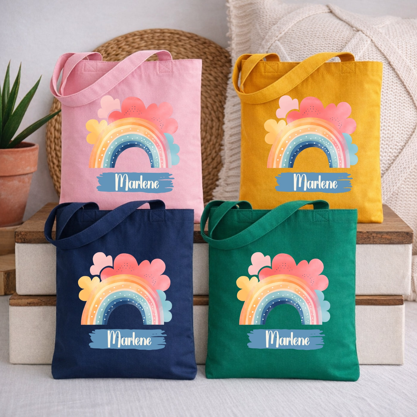 Regenbogen Kindertasche mit Namen – Bunter Stoffbeutel für Kinder