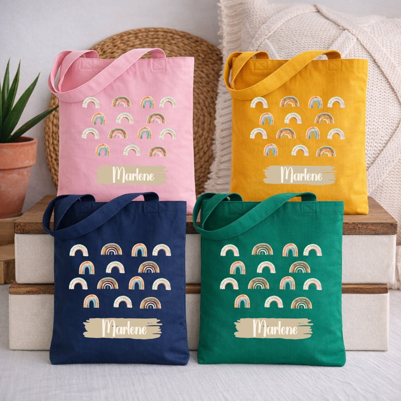 Regenbogen Kindertasche mit Namen – Bunter Stoffbeutel für Kinder