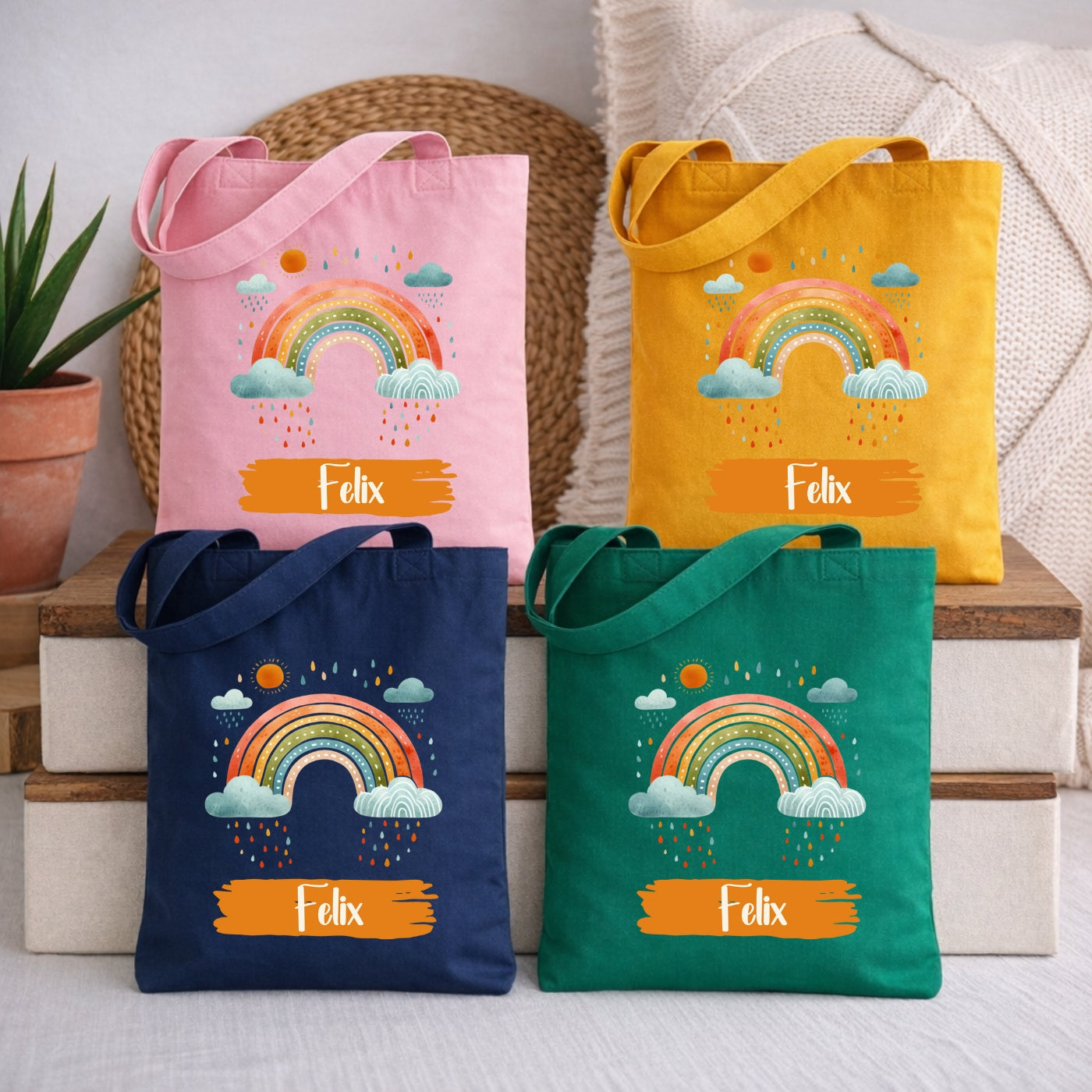Regenbogen Kindertasche mit Namen – Bunter Stoffbeutel für Kinder
