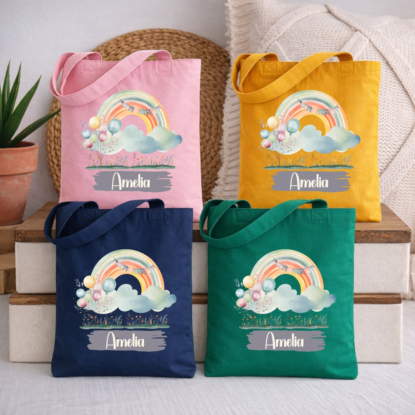 Regenbogen Kindertasche mit Namen – Bunter Stoffbeutel für Kinder