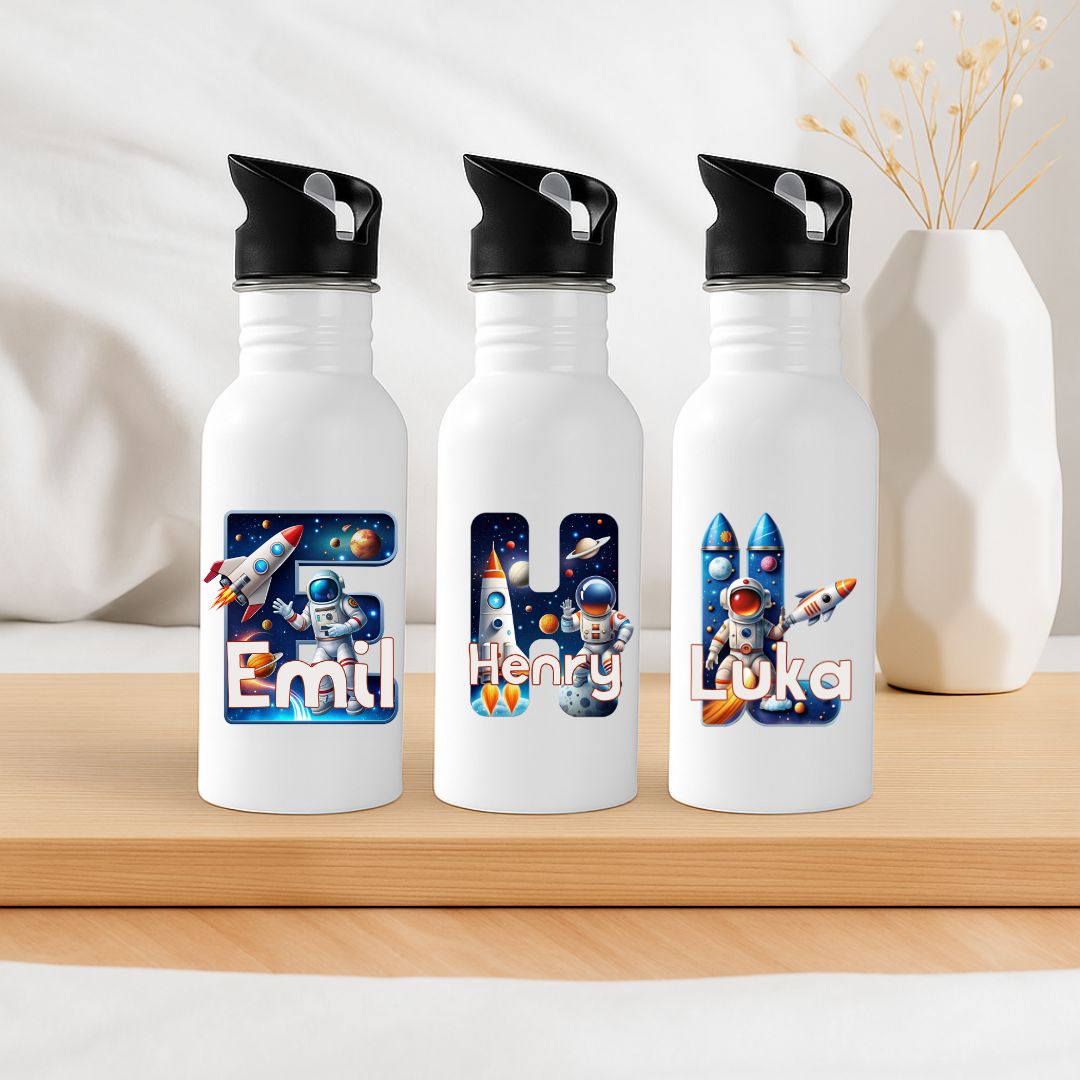 Personalisierte Trinkflasche mit Strohhalm Astronaut Motiv mit Name Emil