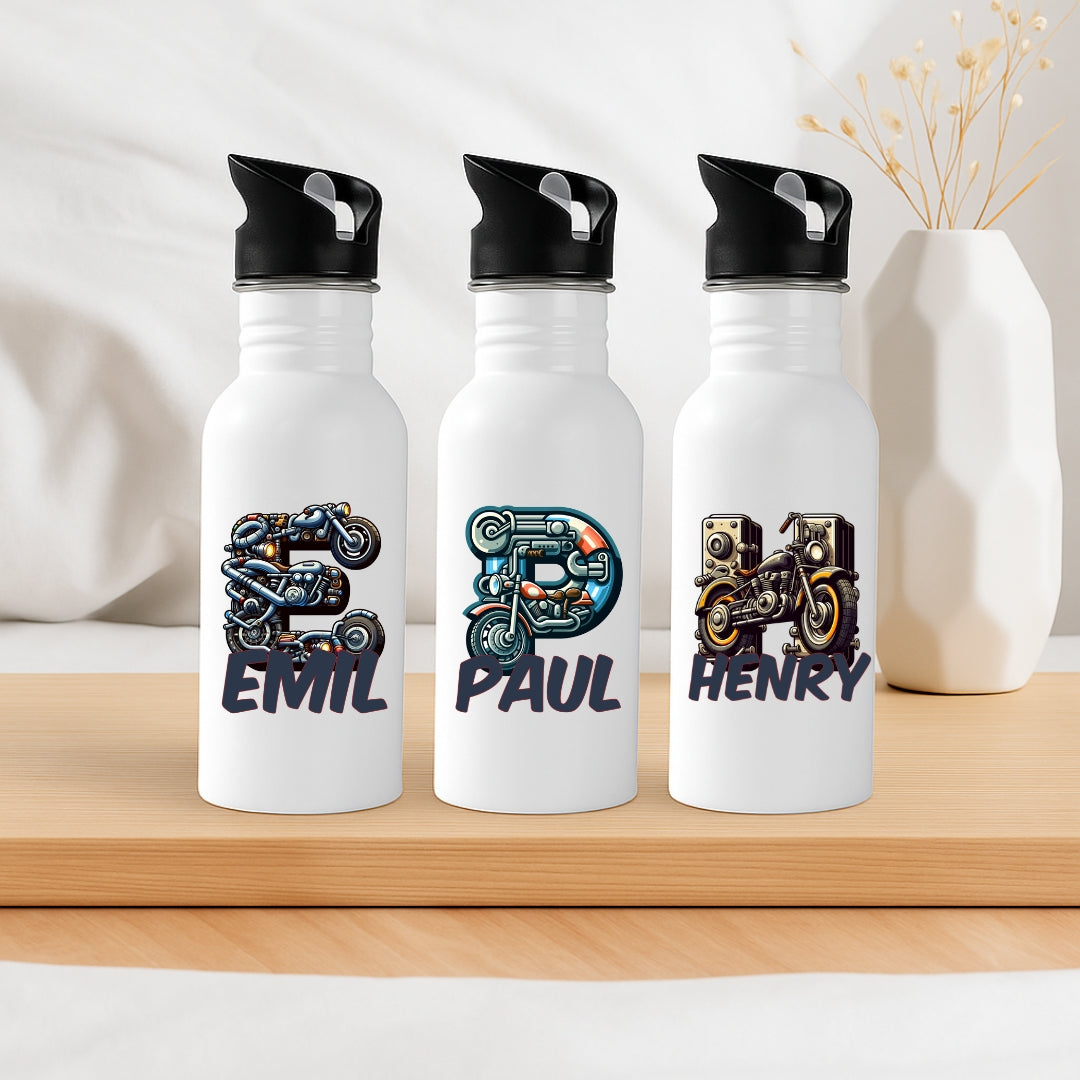 Personalisierte Trinkflasche mit Strohhalm für Kinder mit Namen und Motorrad Buchstabe Motiv