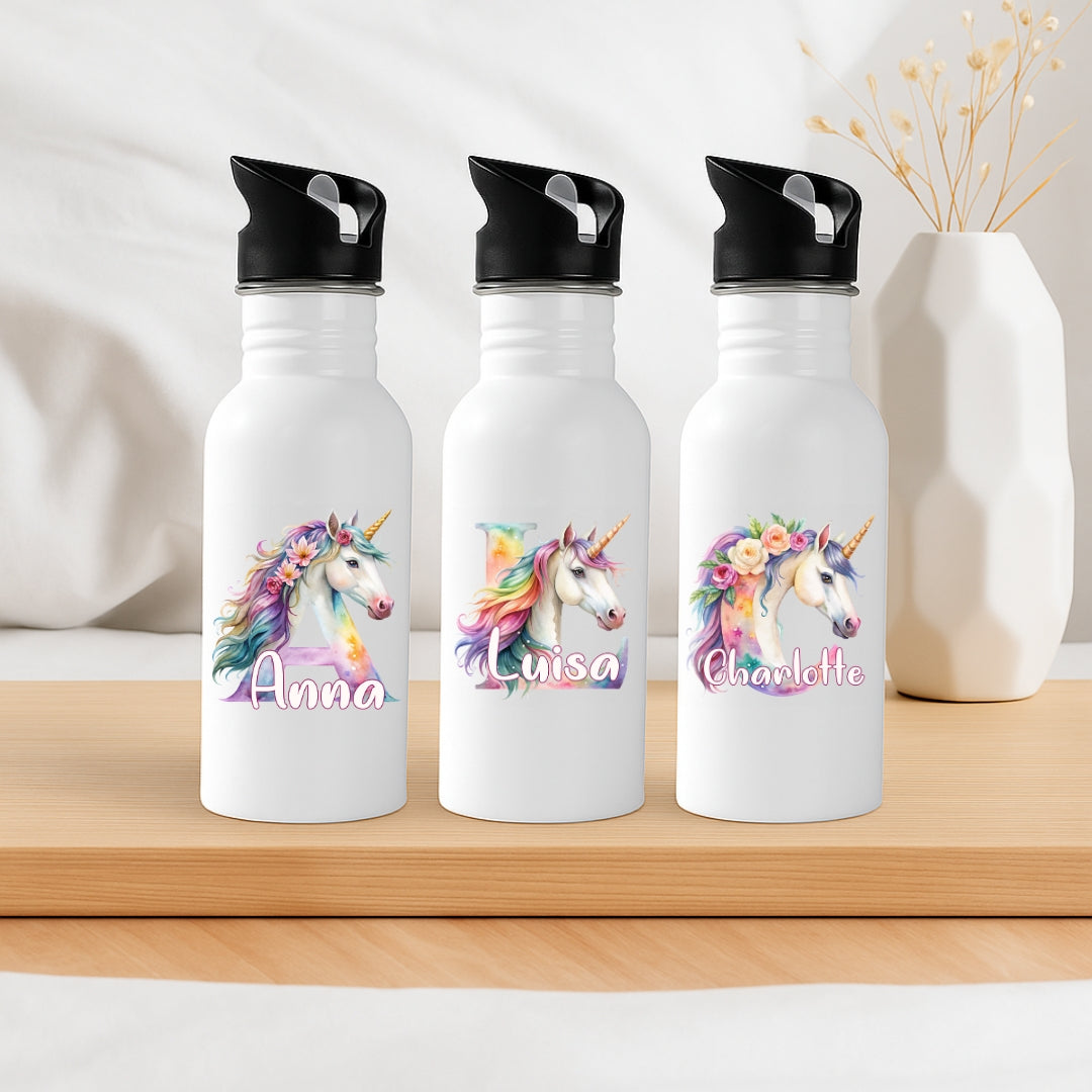 Auslaufsichere Kinder Trinkflasche mit Einhorn Buchstabe und individuellem Namen