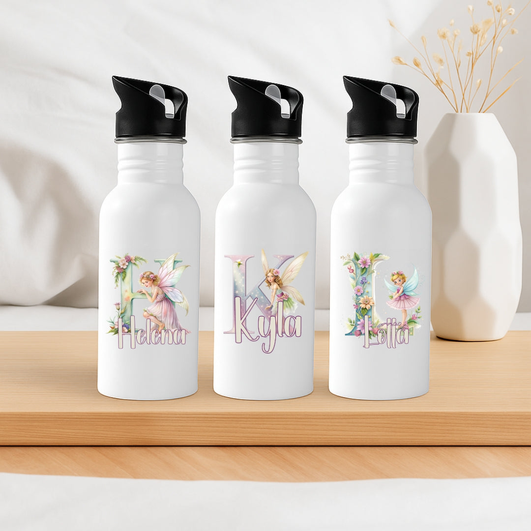 Personalisierte Trinkflasche mit Strohhalm für Kinder mit Namen und Fee Buchstabe Motiv