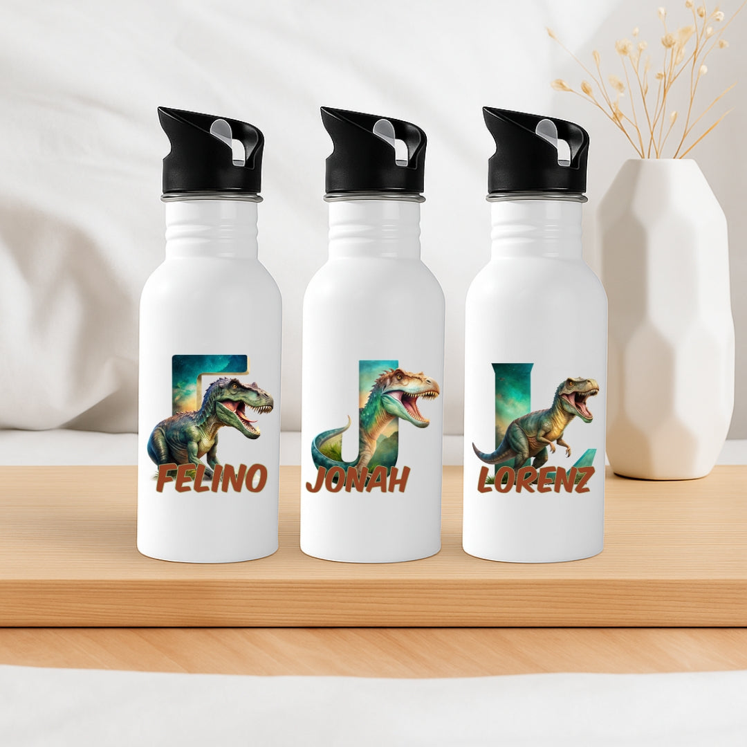 Kinder Edelstahl Trinkflasche mit Dinosaurier Buchstabe Design und personalisiertem Namen für Schule oder Kindergarten